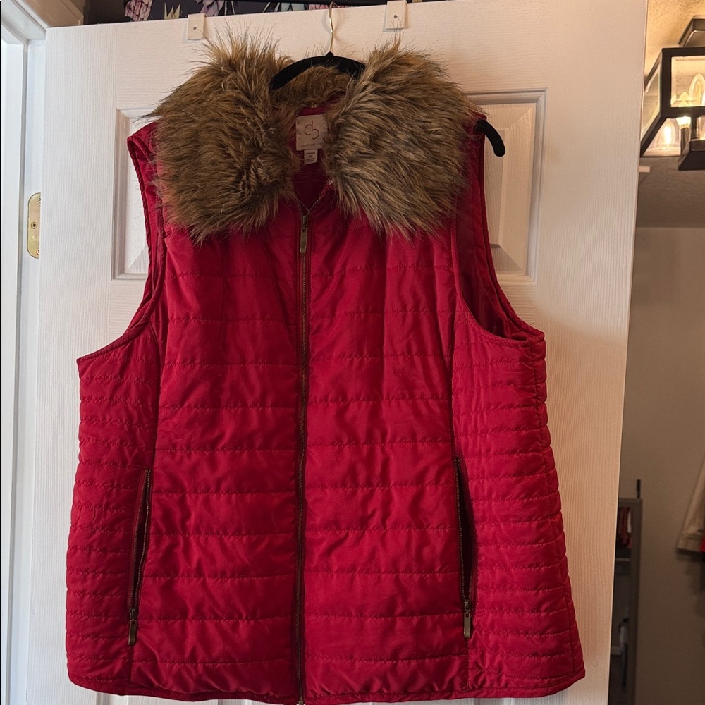 Cato Crimson Quilted Vest with Faux Fur Trim
